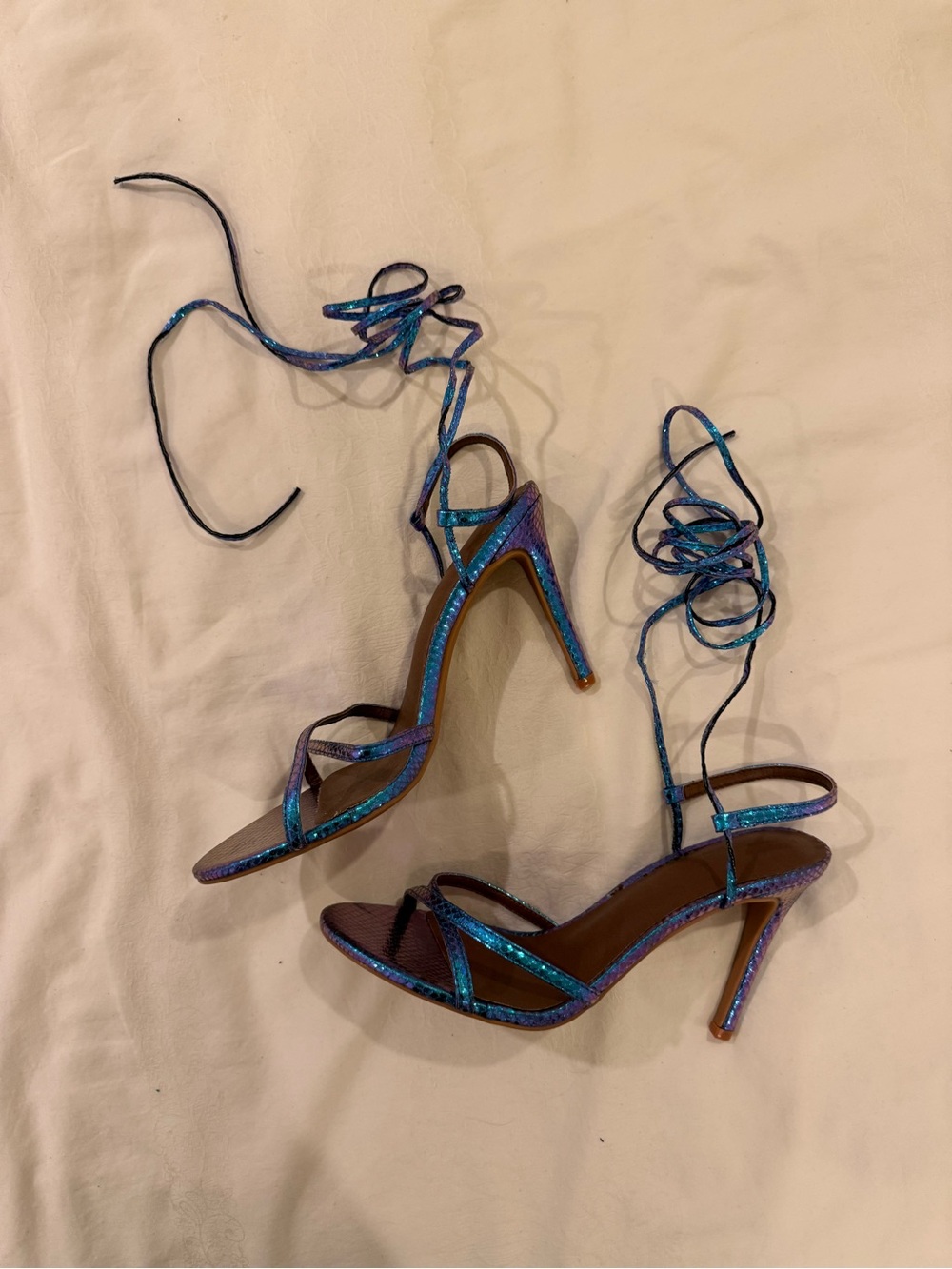 Strappy Metallic Blue Lace-Up Women's Heels